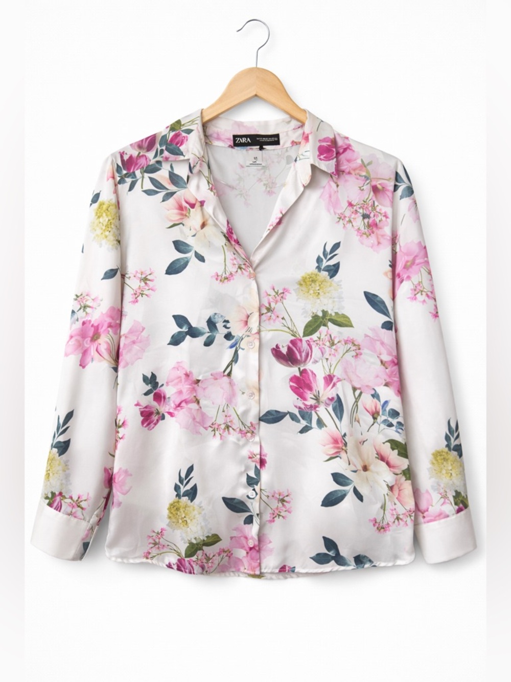 Zara Floral Button Up Blouse Women's M Pink White Spring Cottagecore Top